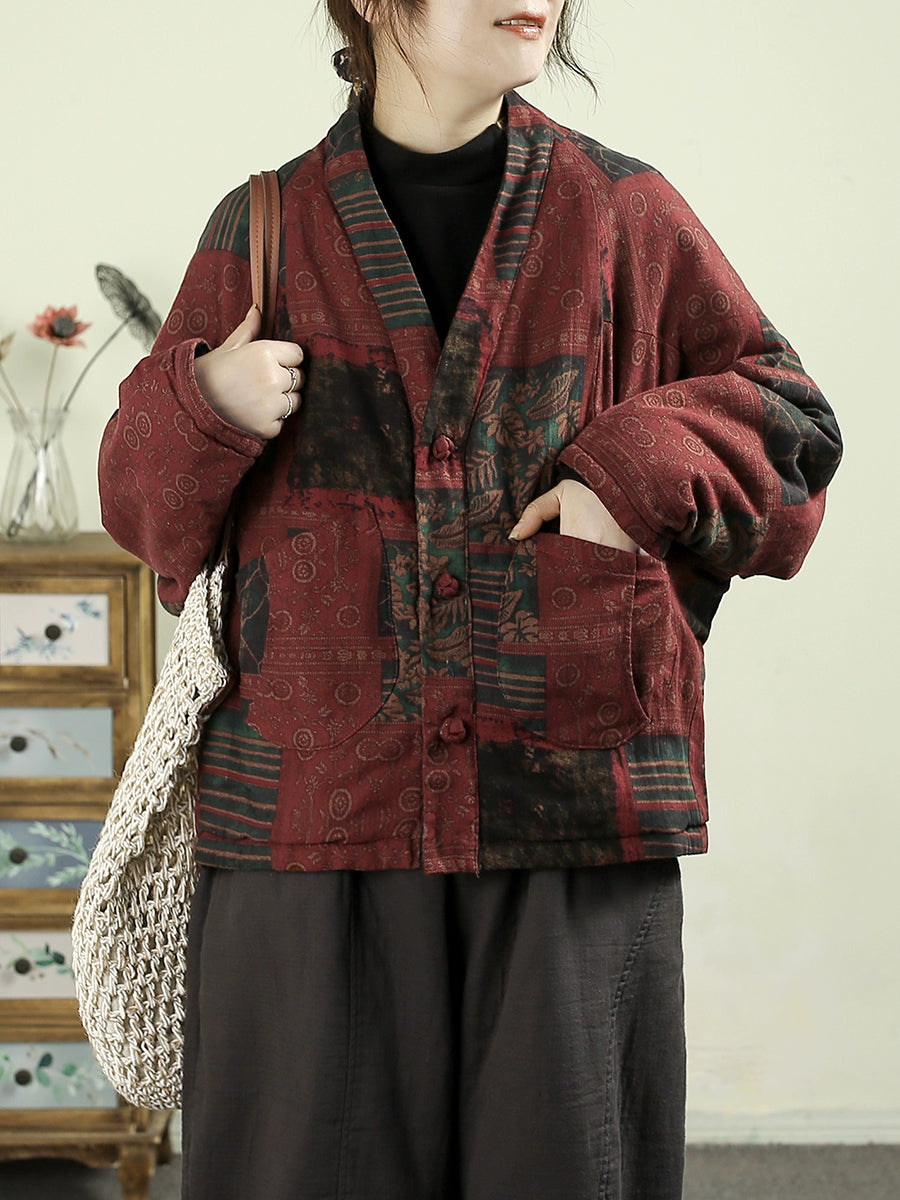 Women Autumn Vintage Flower V-Neck Cotton Padded Coat