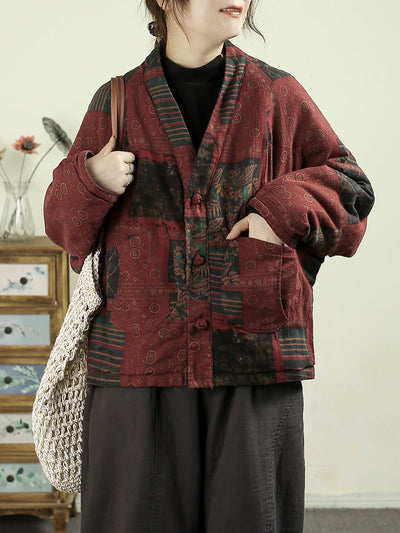 Women Autumn Vintage Flower V-Neck Cotton Padded Coat