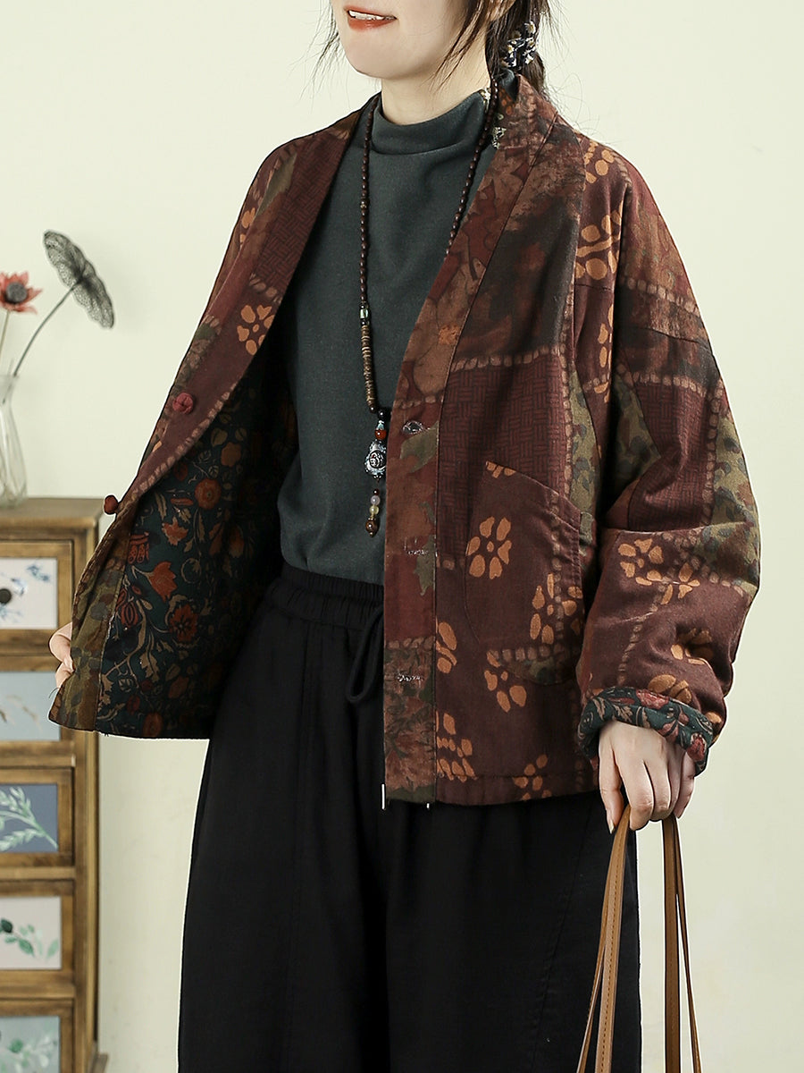 Women Autumn Vintage Flower V-Neck Cotton Padded Coat