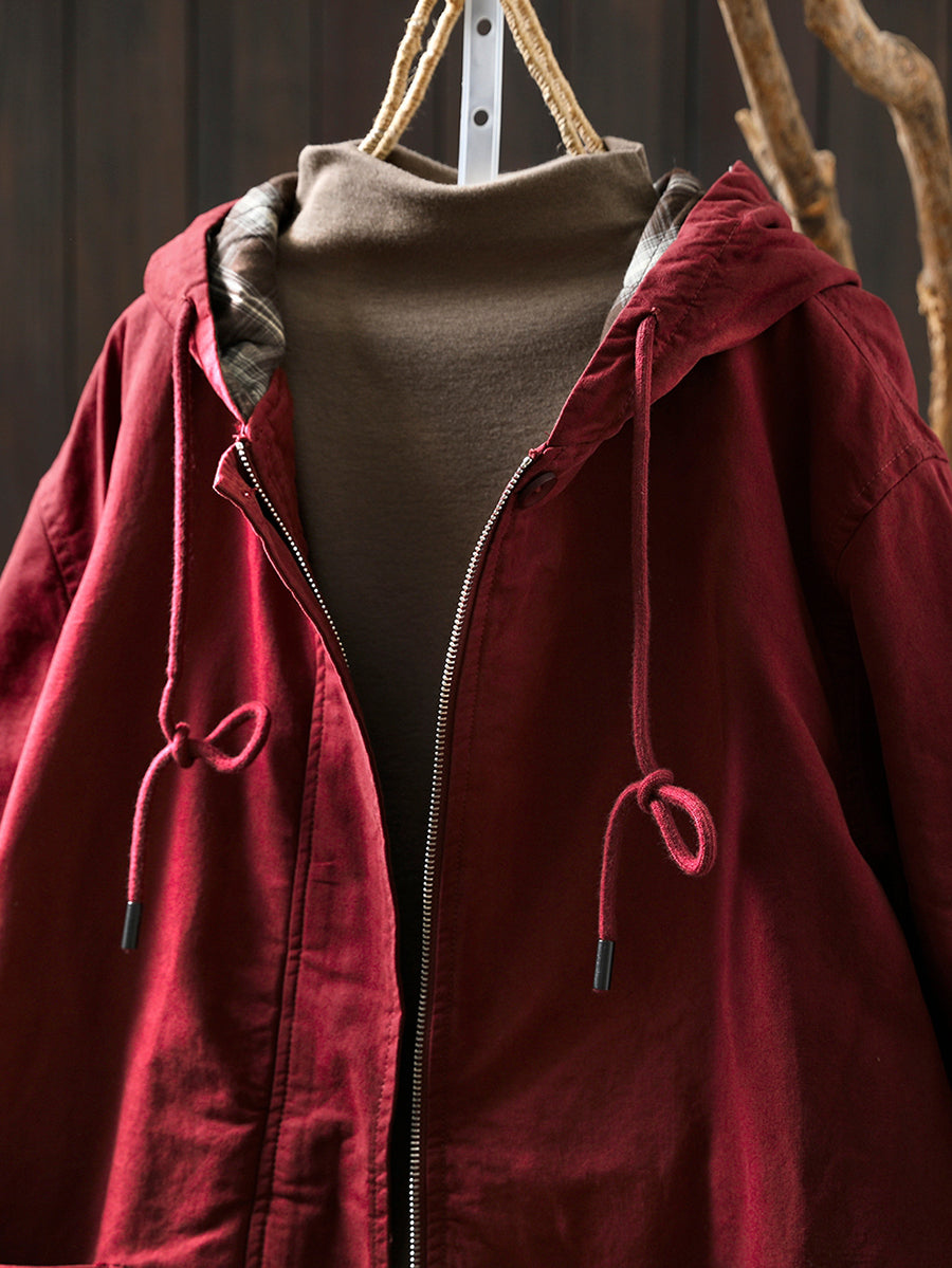 Women Autumn Retro Pure Color Cotton Hooded Jacket