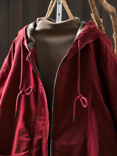 Women Autumn Retro Pure Color Cotton Hooded Jacket