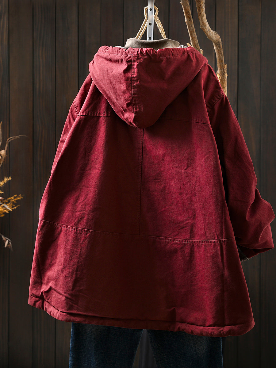 Women Autumn Retro Pure Color Cotton Hooded Jacket