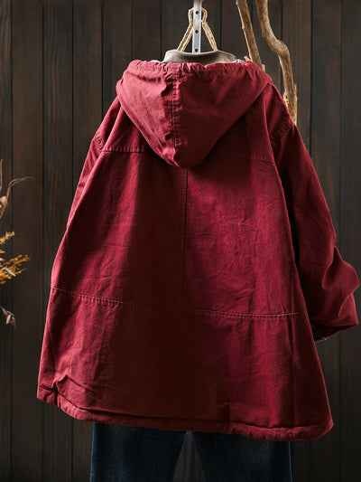 Women Autumn Retro Pure Color Cotton Hooded Jacket