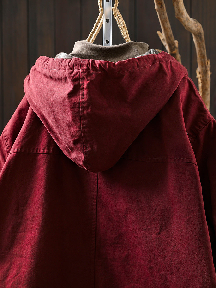 Women Autumn Retro Pure Color Cotton Hooded Jacket