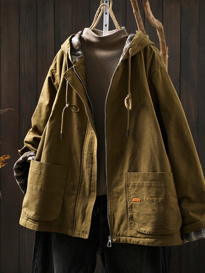 Women Autumn Retro Pure Color Cotton Hooded Jacket
