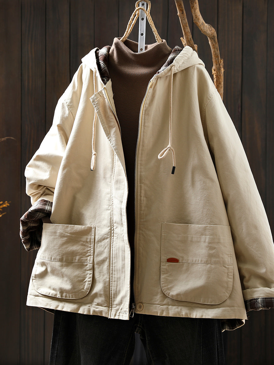 Women Autumn Retro Pure Color Cotton Hooded Jacket