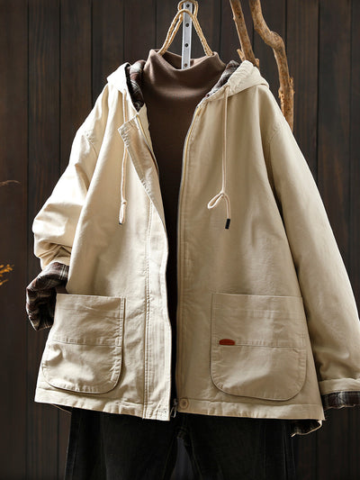 Women Autumn Retro Pure Color Cotton Hooded Jacket