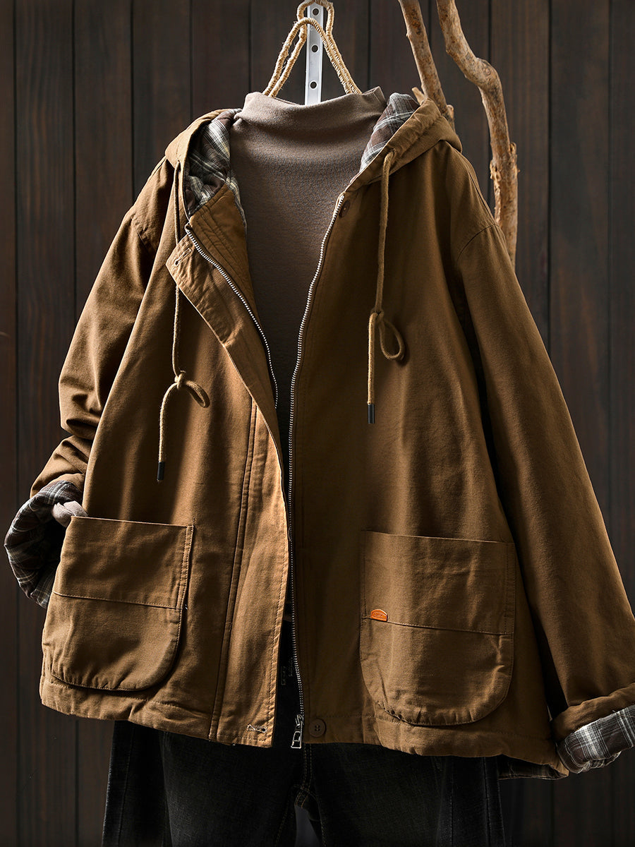 Women Autumn Retro Pure Color Cotton Hooded Jacket
