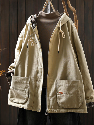 Women Autumn Retro Pure Color Cotton Hooded Jacket