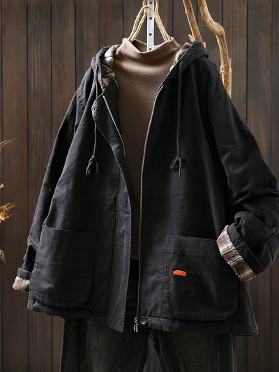 Women Autumn Retro Pure Color Cotton Hooded Jacket