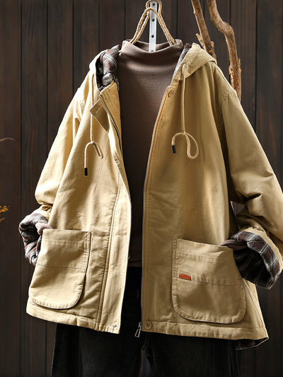 Women Autumn Retro Pure Color Cotton Hooded Jacket