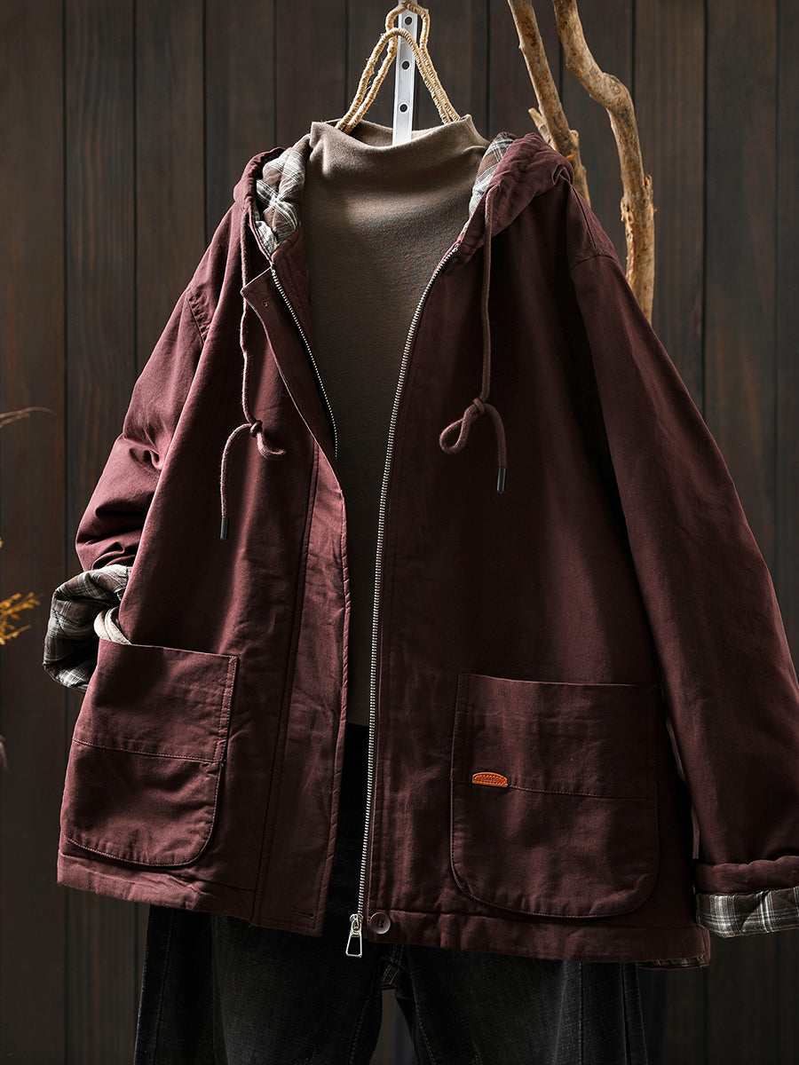 Women Autumn Retro Pure Color Cotton Hooded Jacket