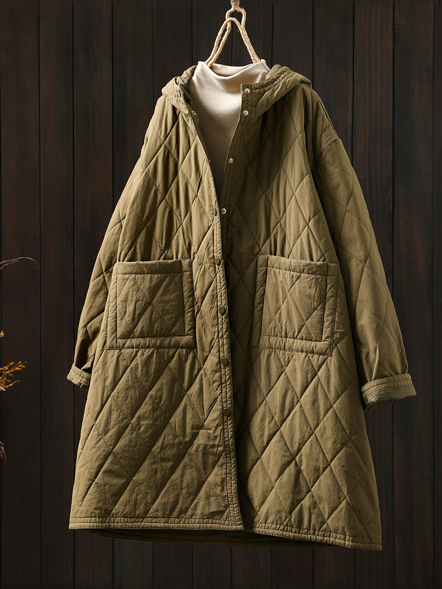 Women Autumn Casual Pure Color Hooded Padded Coat