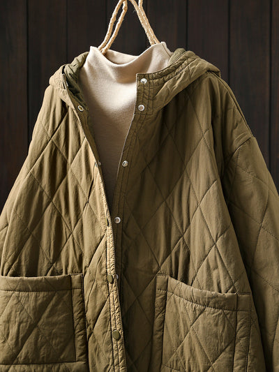 Women Autumn Casual Pure Color Hooded Padded Coat