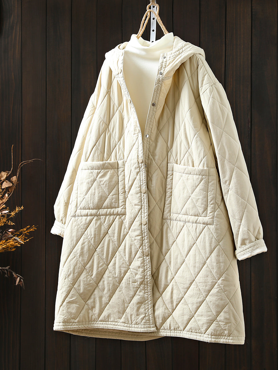 Women Autumn Casual Pure Color Hooded Padded Coat