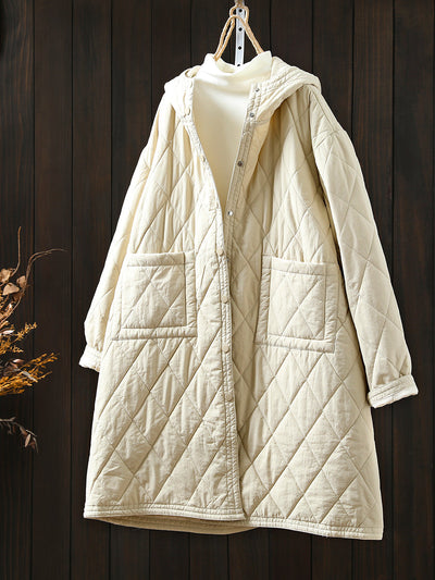 Women Autumn Casual Pure Color Hooded Padded Coat