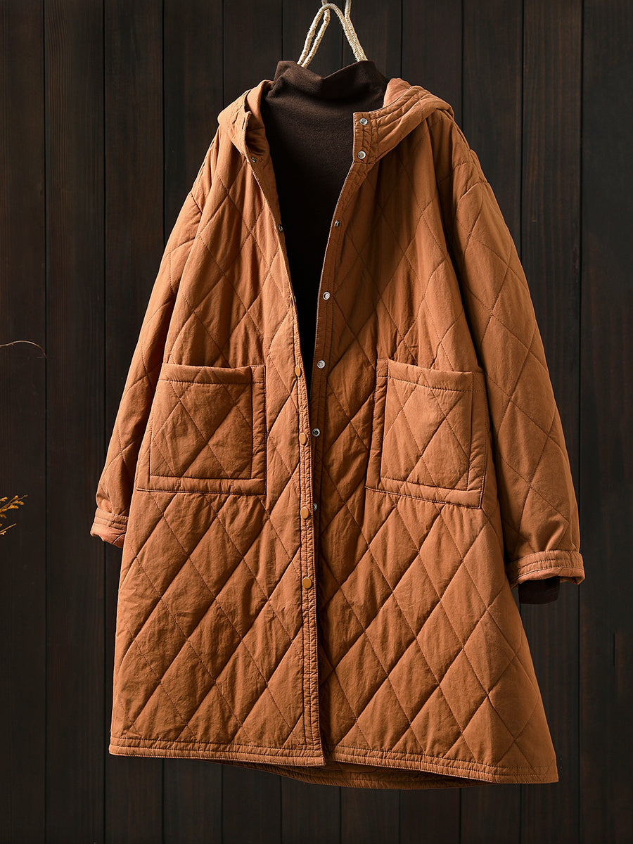 Women Autumn Casual Pure Color Hooded Padded Coat