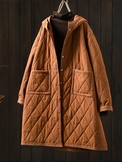 Women Autumn Casual Pure Color Hooded Padded Coat