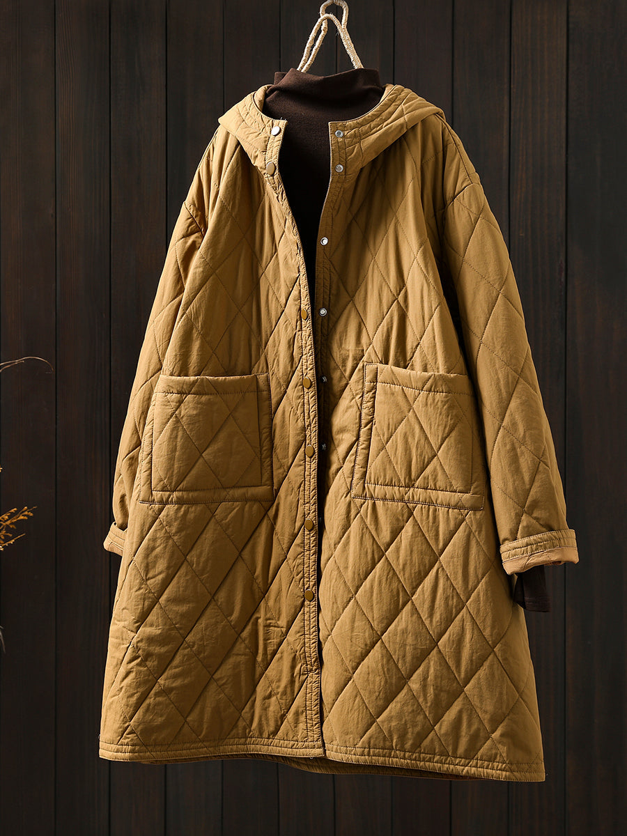Women Autumn Casual Pure Color Hooded Padded Coat