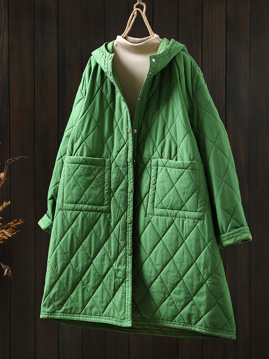 Women Autumn Casual Pure Color Hooded Padded Coat