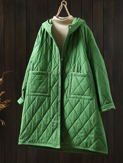 Women Autumn Casual Pure Color Hooded Padded Coat