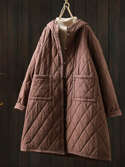 Women Autumn Casual Pure Color Hooded Padded Coat