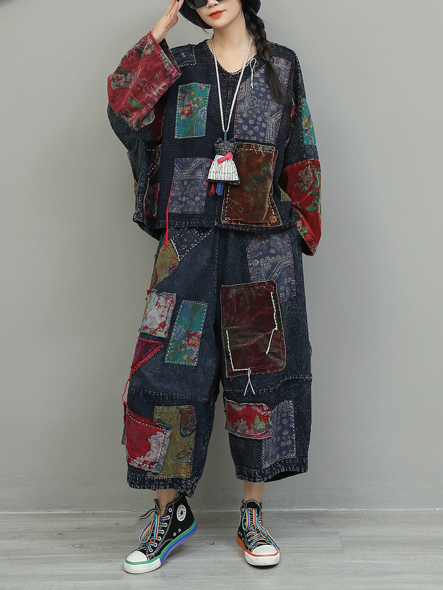 Women Autumn Retro Patchwork Cotton Suits