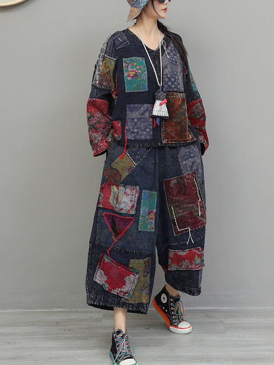 Women Autumn Retro Patchwork Cotton Suits