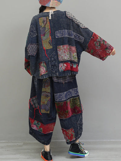 Women Autumn Retro Patchwork Cotton Suits