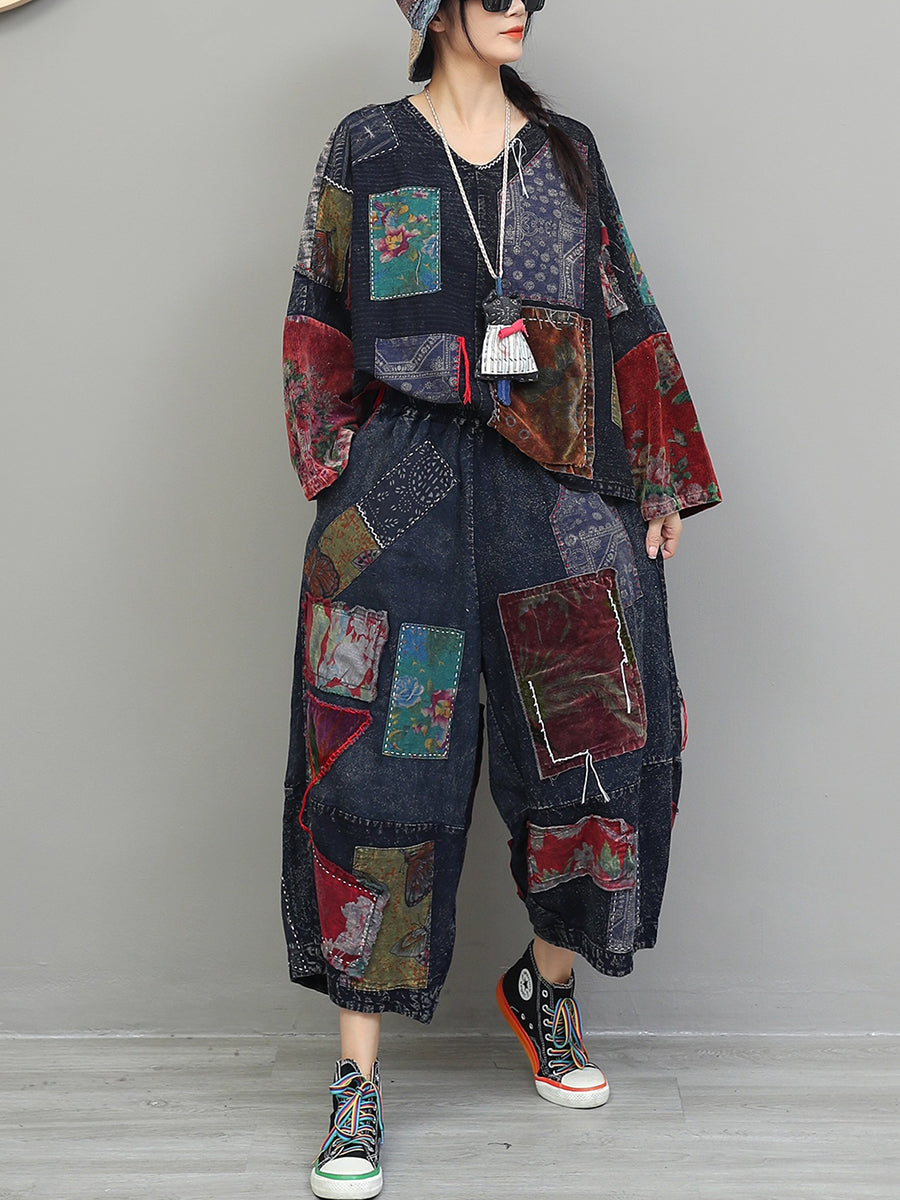 Women Autumn Retro Patchwork Cotton Suits