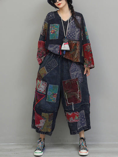 Women Autumn Retro Patchwork Cotton Suits