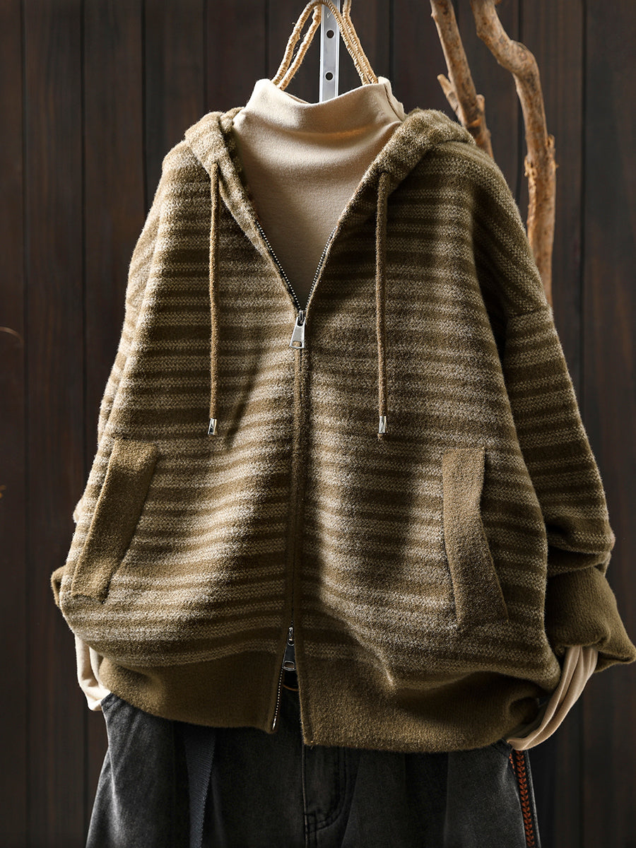 Women Autumn Artsy Stripe Knitted Hooded Jacket