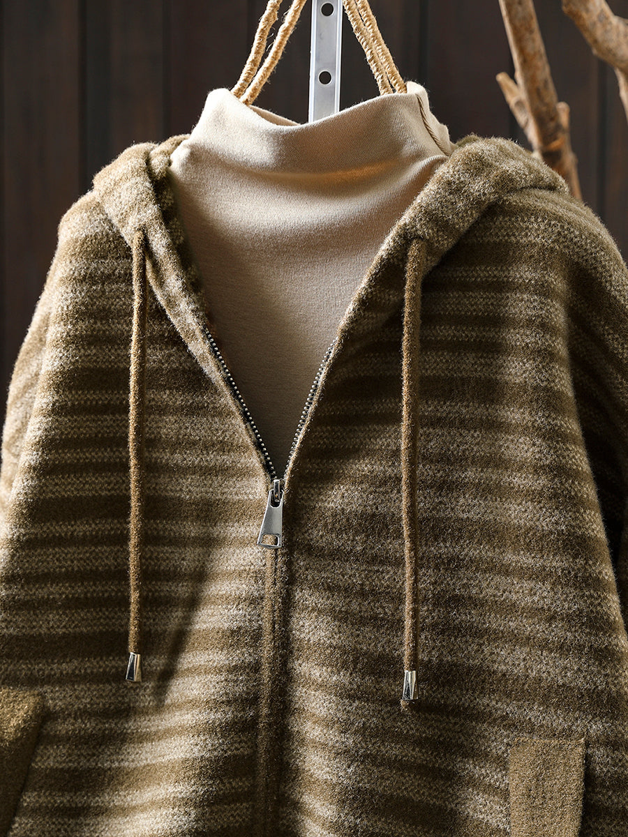 Women Autumn Artsy Stripe Knitted Hooded Jacket
