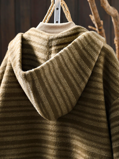 Women Autumn Artsy Stripe Knitted Hooded Jacket