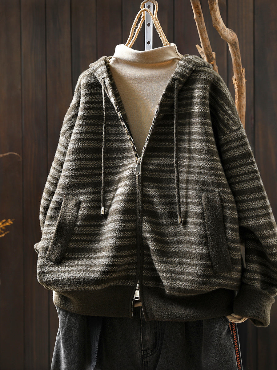Women Autumn Artsy Stripe Knitted Hooded Jacket