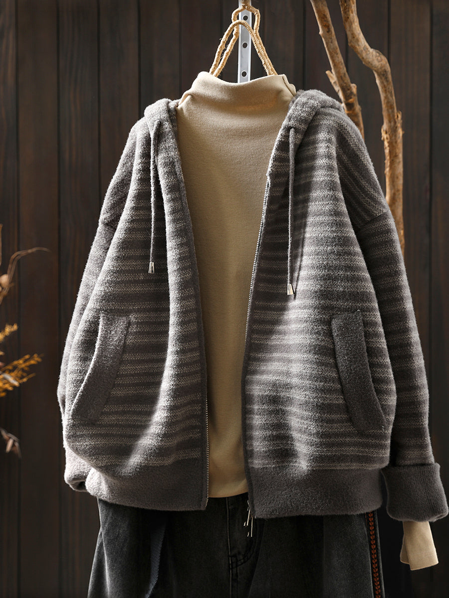 Women Autumn Artsy Stripe Knitted Hooded Jacket