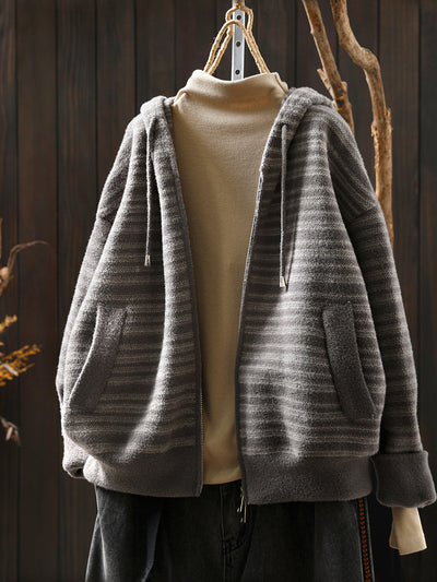 Women Autumn Artsy Stripe Knitted Hooded Jacket