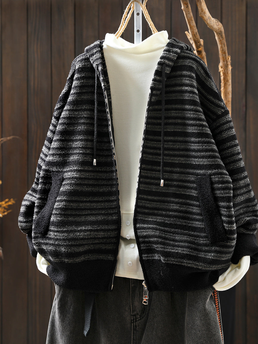 Women Autumn Artsy Stripe Knitted Hooded Jacket
