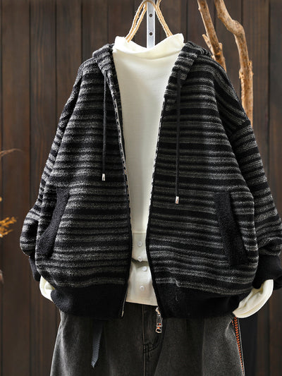 Women Autumn Artsy Stripe Knitted Hooded Jacket