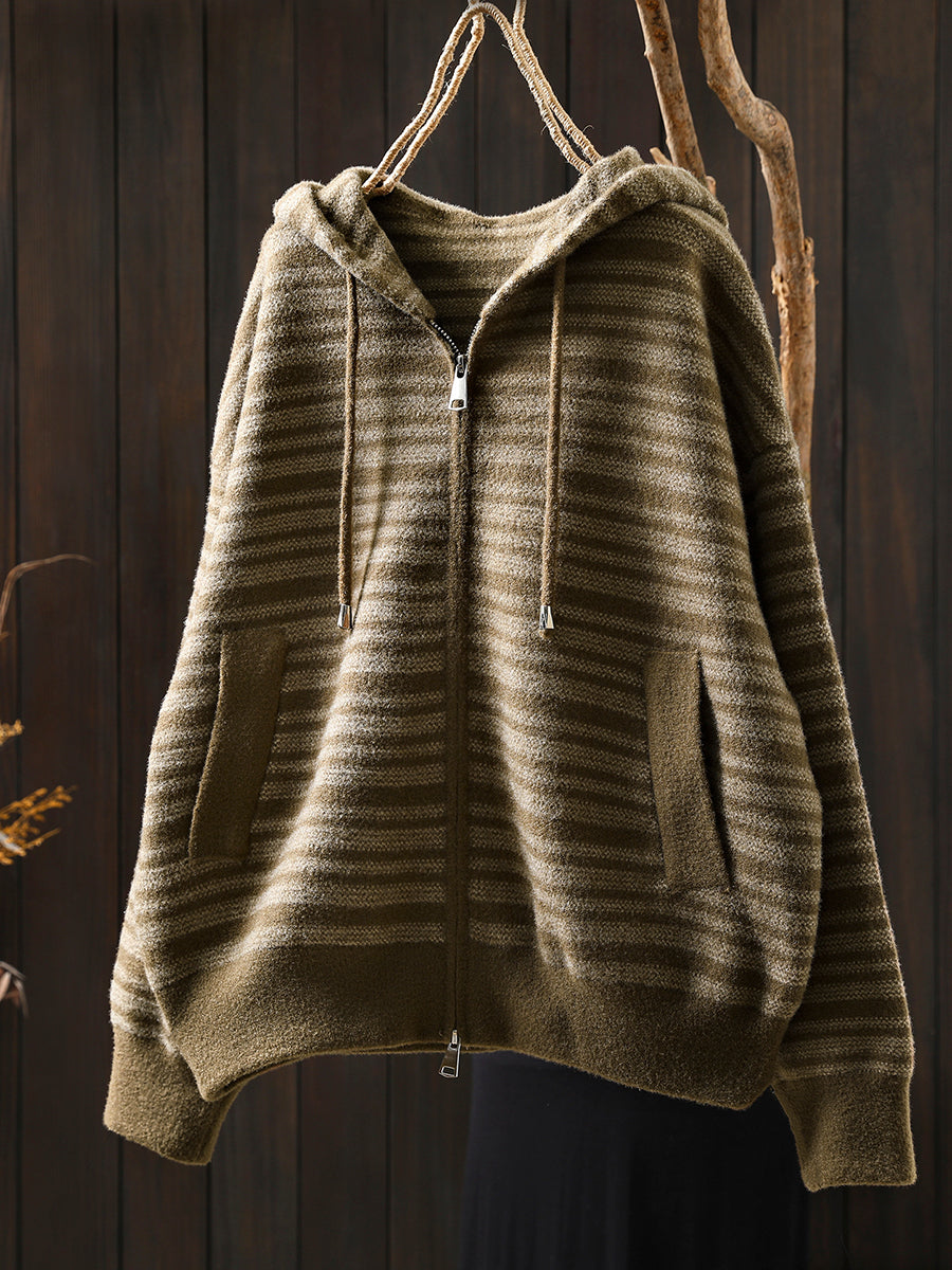 Women Autumn Artsy Stripe Knitted Hooded Jacket