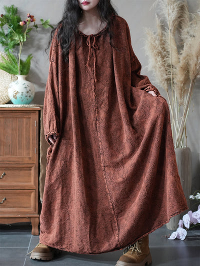 Women Autumn Retro Jacquard O-Neck 100%Linen Dress