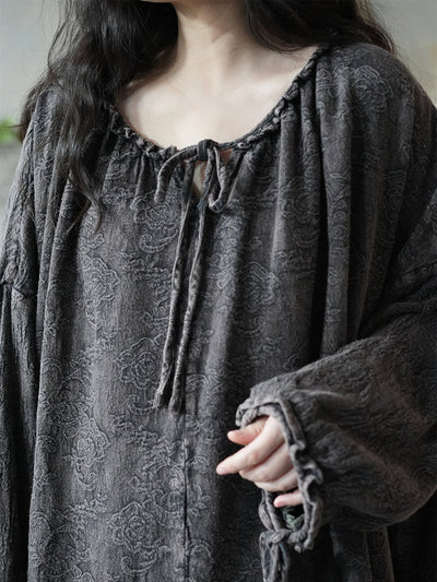 Women Autumn Retro Jacquard O-Neck 100%Linen Dress