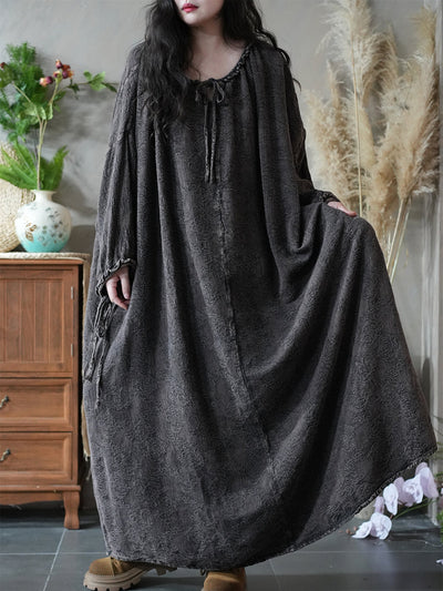 Women Autumn Retro Jacquard O-Neck 100%Linen Dress