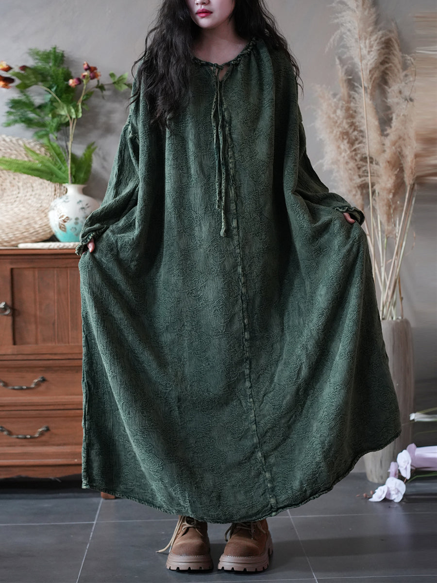 Women Autumn Retro Jacquard O-Neck 100%Linen Dress