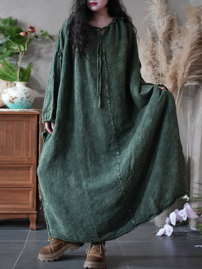 Women Autumn Retro Jacquard O-Neck 100%Linen Dress