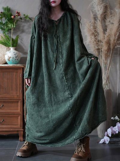 Women Autumn Retro Jacquard O-Neck 100%Linen Dress