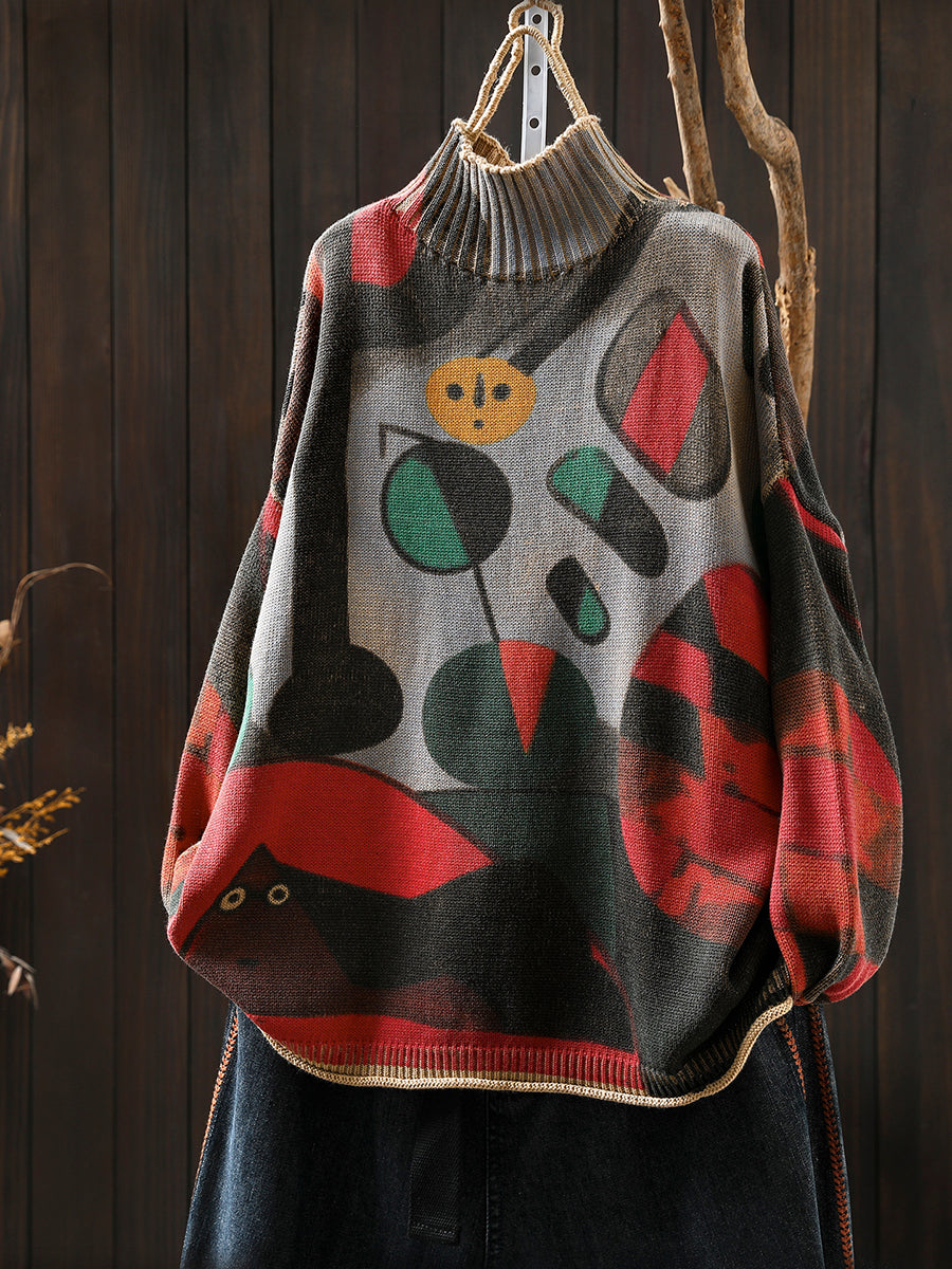 Women Autumn Vintage Print Half-Turtleneck Sweater