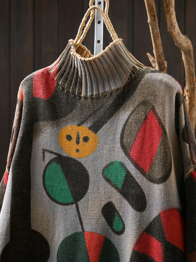 Women Autumn Vintage Print Half-Turtleneck Sweater