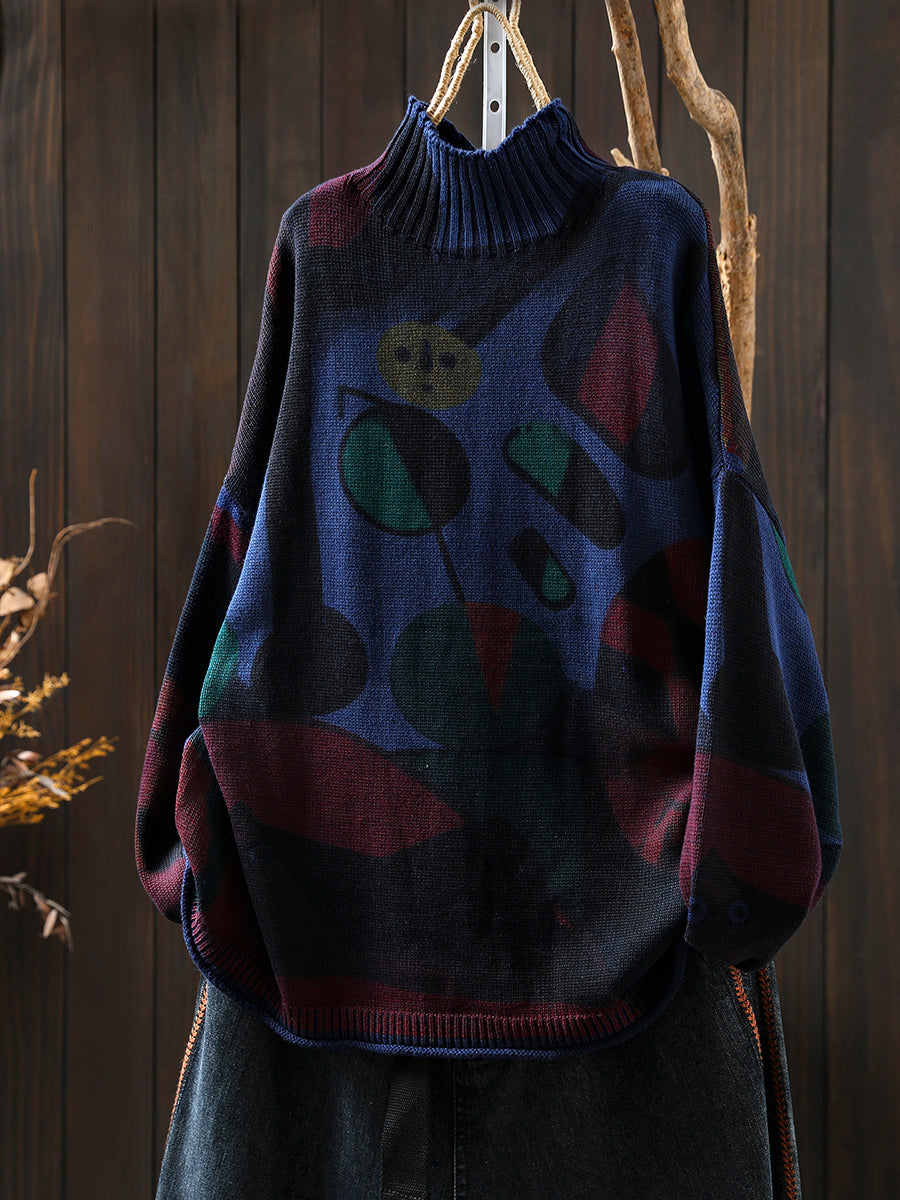 Women Autumn Vintage Print Half-Turtleneck Sweater