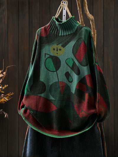 Women Autumn Vintage Print Half-Turtleneck Sweater
